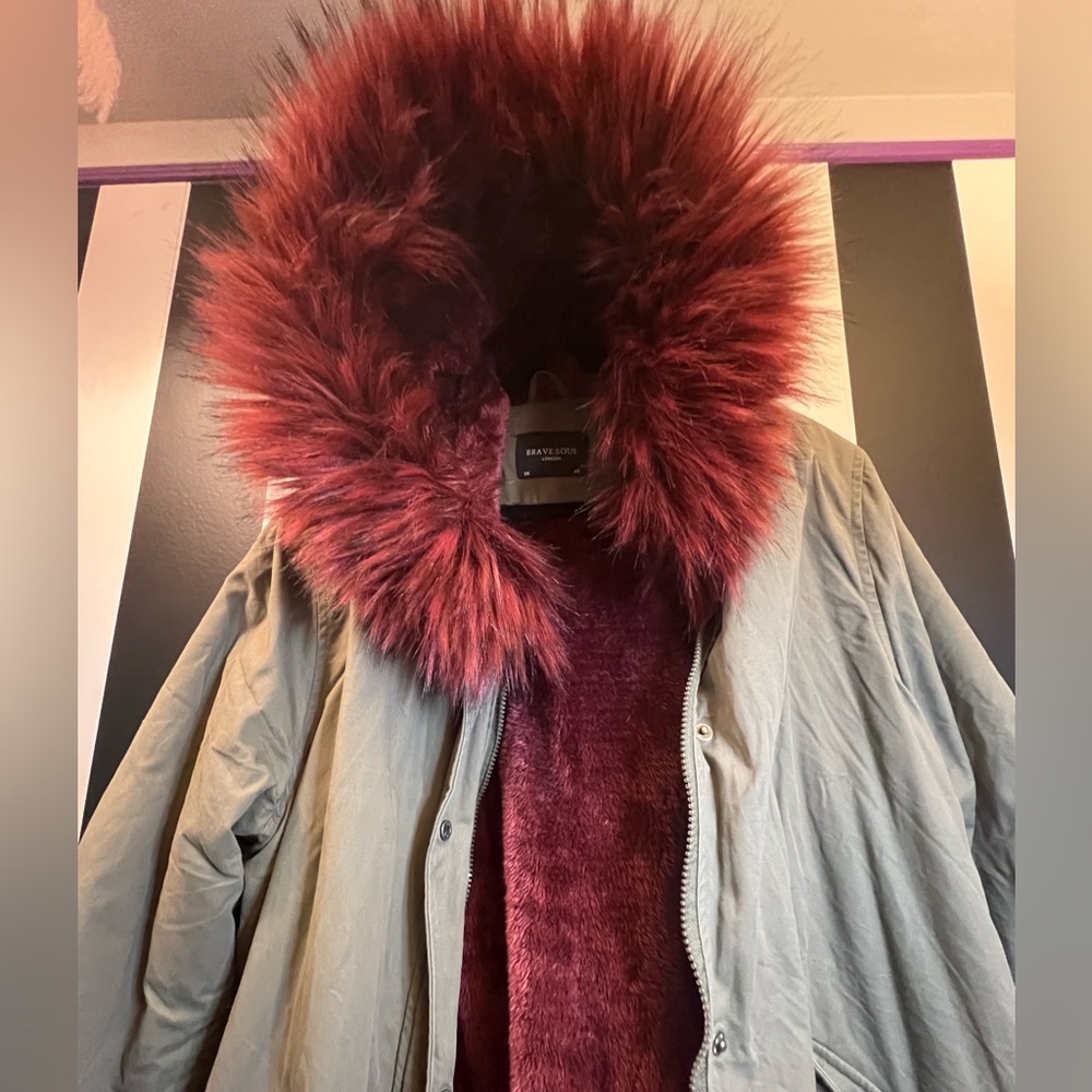 Brave Soul London Parka Jacket Olive Green Maroon Hooded Faux Fur; 20UK/14US